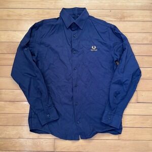 Fred Perry Navy Blue Pique Long Sleeve Button Down Shirt Mens Large Gold Logo